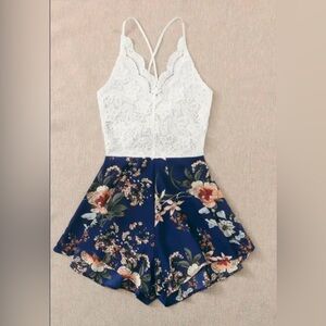 Plus Contrast Lace Floral Print Cami Romper
